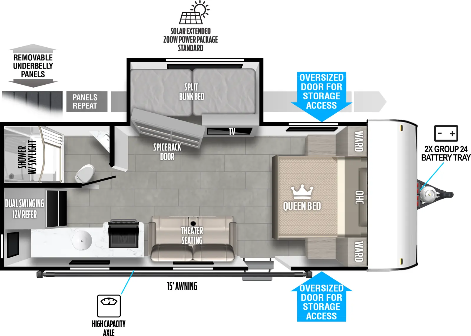 The Salem FSX 162RBS floorplan has one entry and one slide out. Exterior features include: fiberglass exterior and 15' awning. Interiors features include: bunk beds and front bedroom.